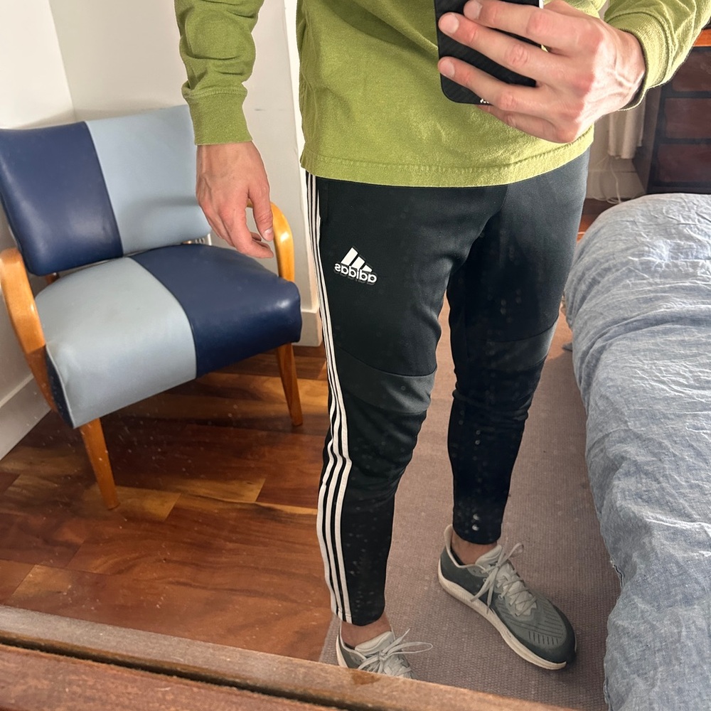 Adidas Men's Black Joggers with White Stripes